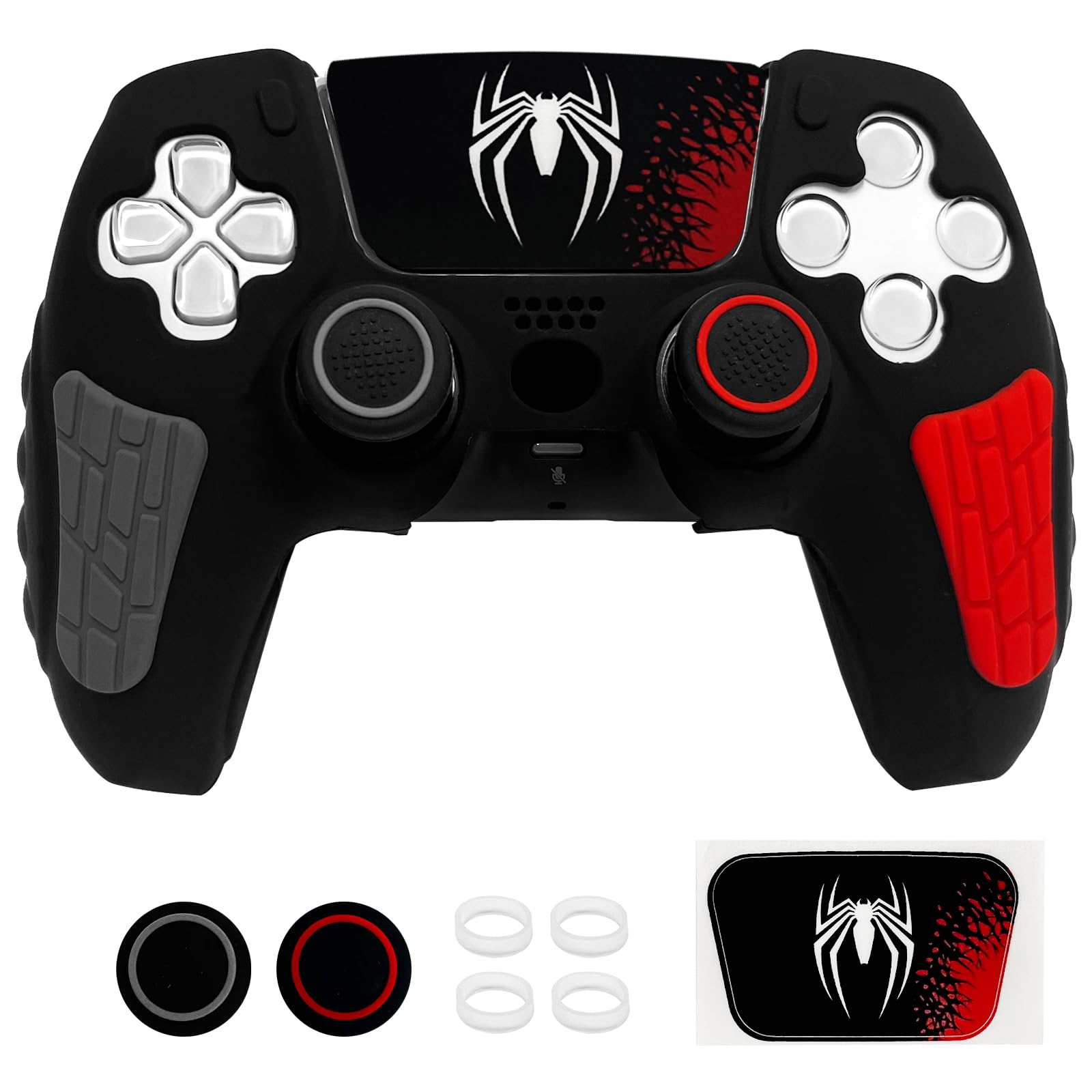 Skin antidérapant pour manette PS5 araignée noire, coque de protection en silicone souple et épaisse compatible avec manette PS5/Slim/Pro avec 2 capuchons de pouce, protections de joystick
