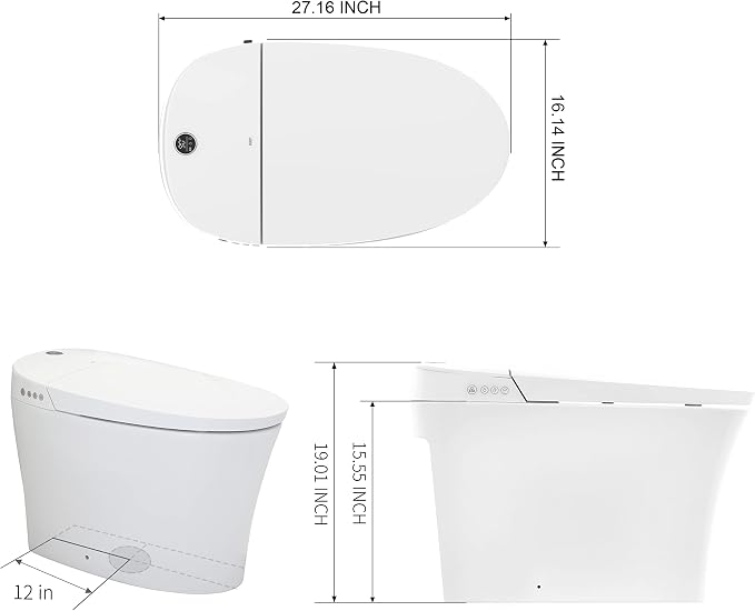 Inodoro inteligente R&T con bidé integrado, inodoro moderno de una pieza para baño, inodoros alargados sin tanque con descarga automática, luz nocturna, asiento calefactado, agua tibia y secador de aire, modelo E16 miniatura 2