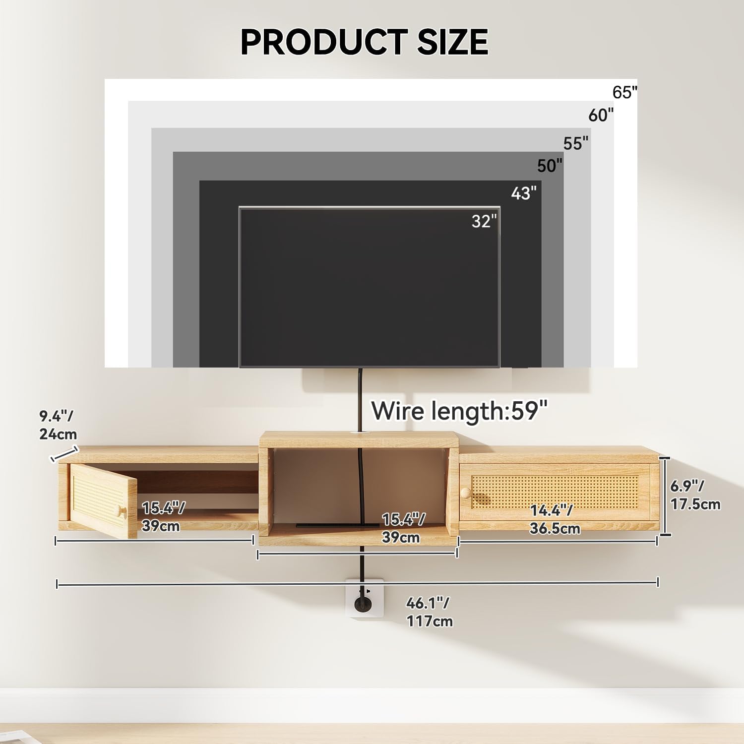 IBUYKE Modern Rattan Floating TV Stand with Doors,Wall Mounted TV Shelf for TVs up to 55 Inches,Media Console Entertainment Center for Under TV Storage Cabinet for Living Room Bedroom,Natural UWST012N