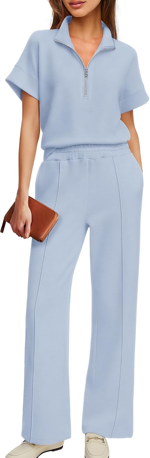 ReachMe Womens 2 Piece Lounge Set Airport Travel Outfit Short Sleeve Half Zip Wide Leg Pants Summer Tracksuit with Pockets