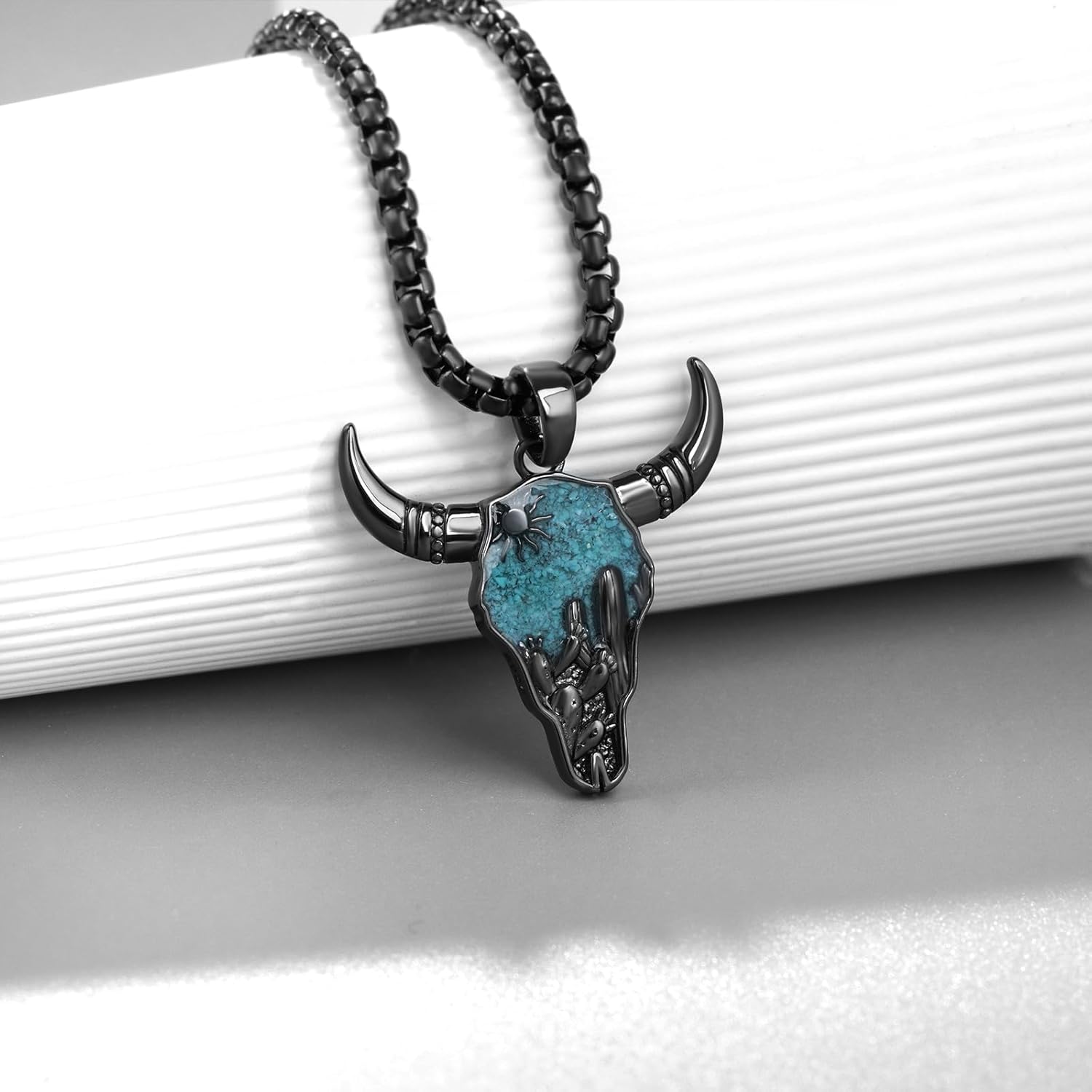 Cow Skull Necklace 925 Sterling Silver Western Turquoise Pendant Western Jewelry Gifts for Men Women - Image 2
