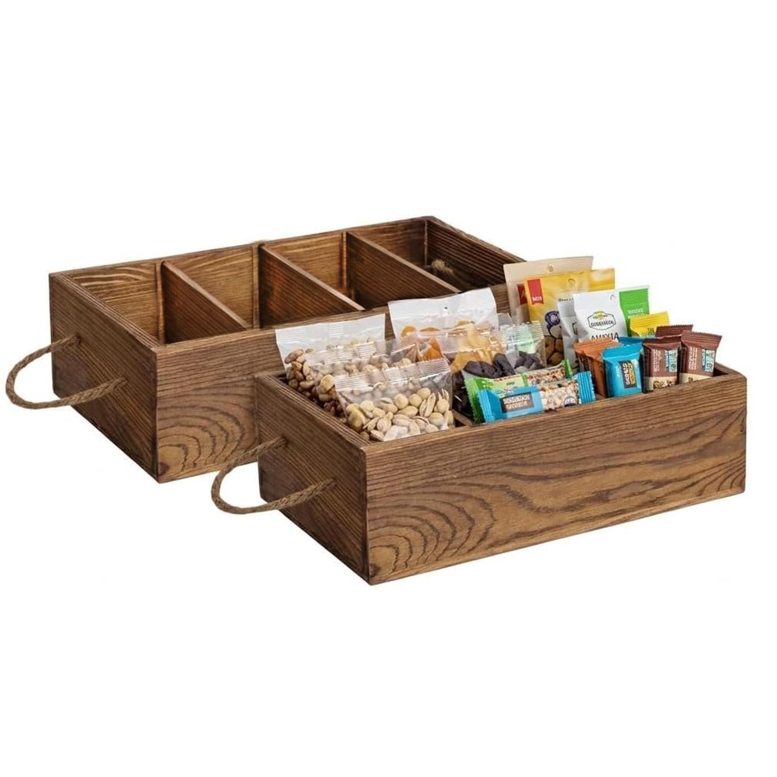 Gzsekken 2 Pack Wooden Snack Basket, 4 Compartment Food Organiser,Snacks Bar Station for Crisp,Room Coffee Table Storage Tray Pantry Organizers Kitchen Cabinets Table Supplies
