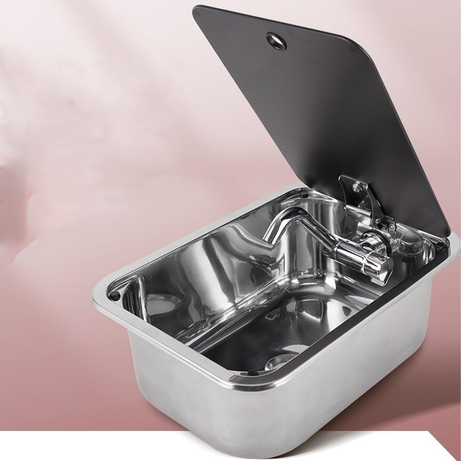 Fregadero de acero inoxidable, grifo plegable y cubierta templada, ideal para autocaravanas, cámpers, barcos y yates, kit de fregadero de camping duradero (42 x 37 x 15 cm)