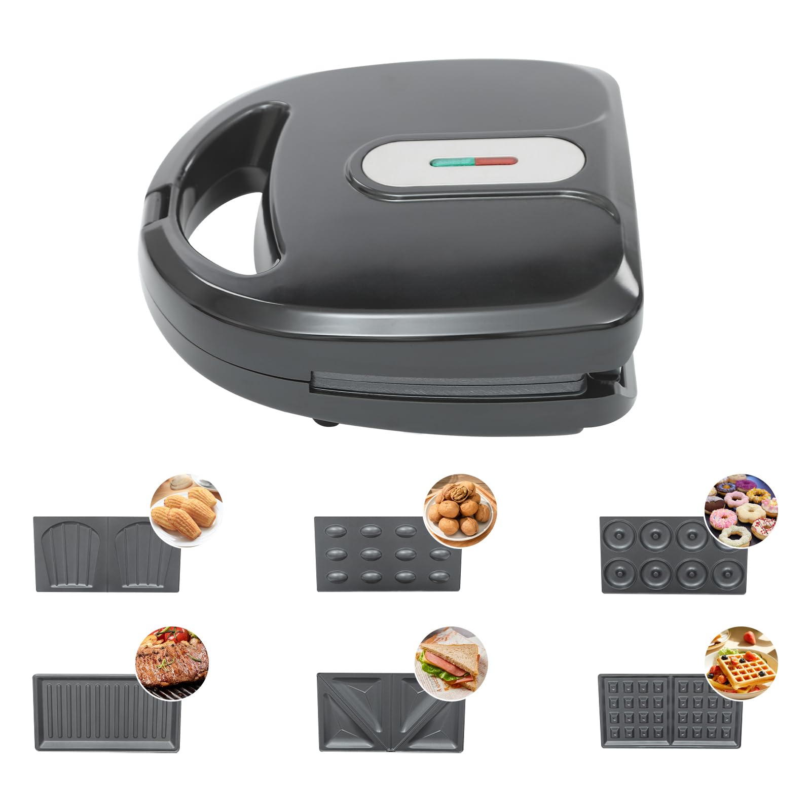 750 W wielofunkcyjny gofrownica – 6 w 1 z wymiennymi płytkami, dwustronne ogrzewanie, powłoka zapobiegająca przywieraniu, 22,5 x 22 x 10,5 cm, do użytku domowego i komercyjnego, sprawia, że 2 gofry