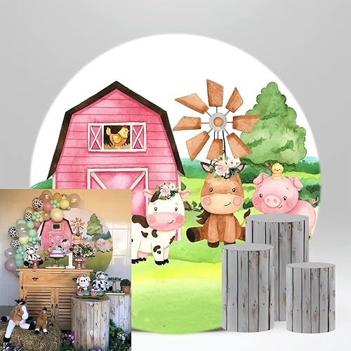 Cubierta redonda de fondo de cumpleaños para bebé, decoración de fiesta de cumpleaños de bebé, estilo de granja, fondo de tela elástica (diámetro