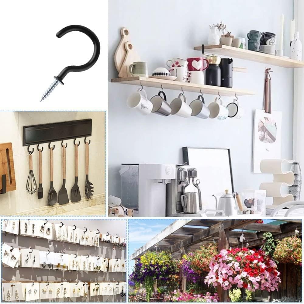 Ceiling Hooks Heavy Duty - 70 Pcs Vinyl Coated Ceiling Hooks for Hanging Plants, Mugs, Led Lights, Black Wall Hangers for Indoor/Outdoor Use-(1/2", 5/8", 3/4", 7/8", 1'', 1-1/4")