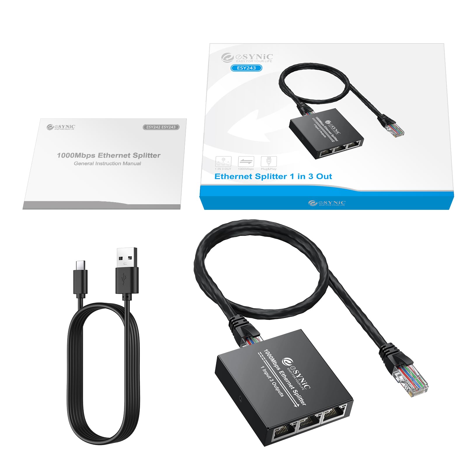 eSynic Szybki rozdzielacz Ethermet 1 do 3 przenośny rozdzielacz sieciowy USB C Rj45 z 1 kablem Ethernet metalowy rozdzielacz kabli internetowych obsługuje Cat8, 7, 6, 5 i 5e do ADSL, koncentratorów
