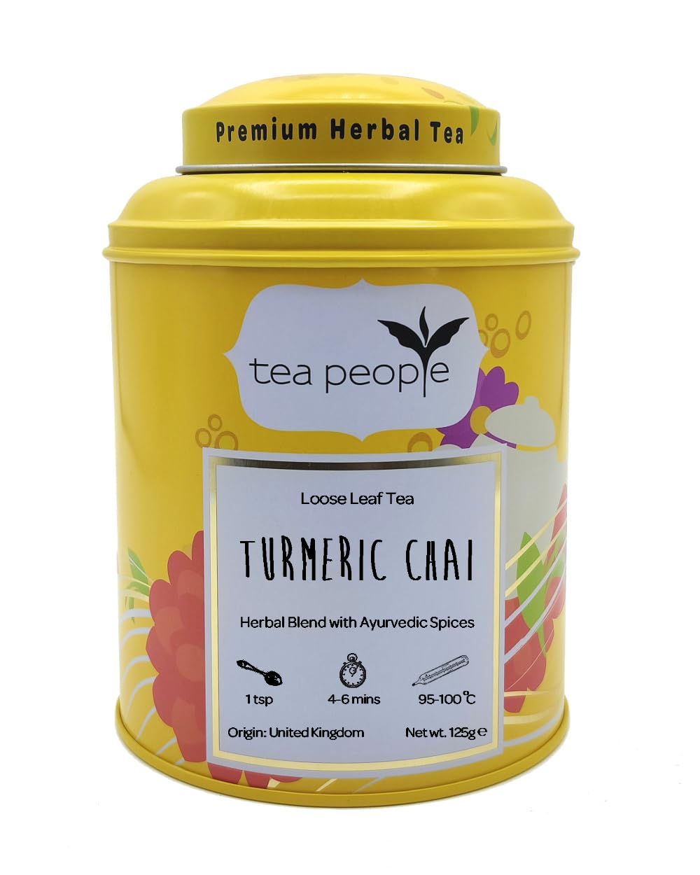 Tea People Turmeric Chai - 125g Tin Caddy (35 cups) – Caffeine Free Herbal Tea - 100% Natural Ingredients: Turmeric Root, Cinnamon, Cardamom, Liquorice, Black Pepper