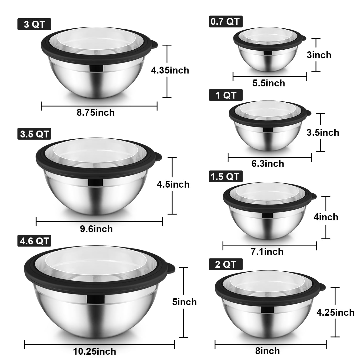 E-far Juego de 7 cuencos para mezclar de acero inoxidable con tapas transparentes herméticas, cuencos de metal para preparación de cocina, hornear, servir, aptos para lavavajillas, tamaño 4.6, 3.5, 3,