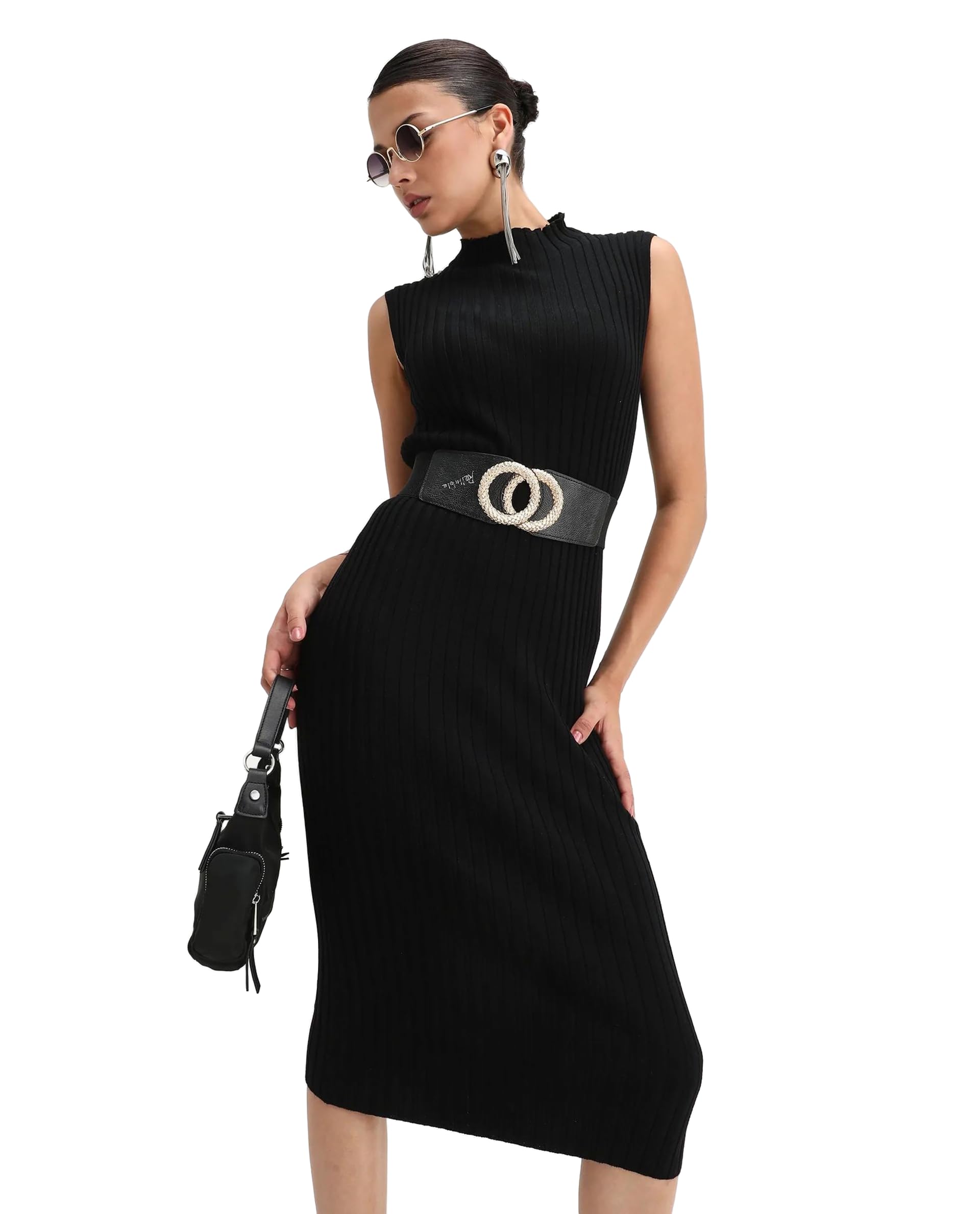 Bodycon Solid Black Viscose High Neck Sleeveless Midi Dress-image-2