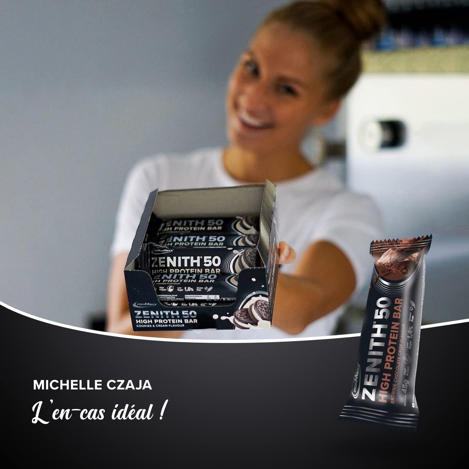 IronMaxx – Barre Protéinée Zenith 50 – Brownie Chocolat Crisp 16 x 45 g – Barre protéinée sans sucre, protein bar riche en protéines