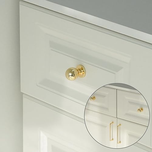 Miniatura 5 de FURFITT Paquete de 10 pomos de bola de latón pulido de 1 pulgada de diámetro, oro brillante, aleación de zinc, pomos para cajones, armarios, cocina,