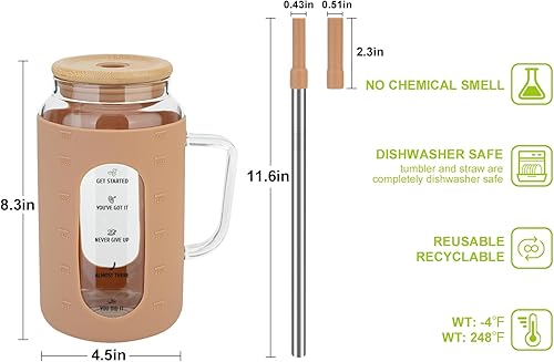 Miniatura 6 de Zenbo Vaso de vidrio de 50 onzas con asa, tapa y pajilla, vaso de agua motivacional con marcador de tiempo