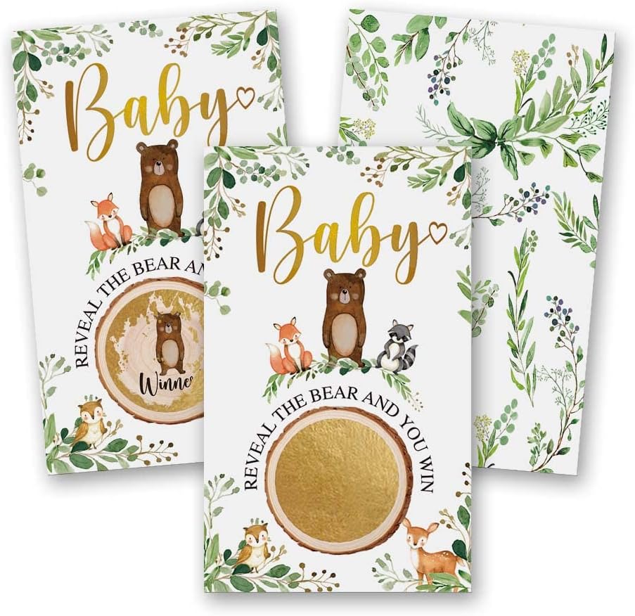 skuhyyg50 Pieces Woodland Baby Shower Scratch Off Game, Forest Animals Baby Shower Game, Neutral Boy or Girl Event Theme Raffle Tickets Drawing Prizes Favors Paper Clever Party