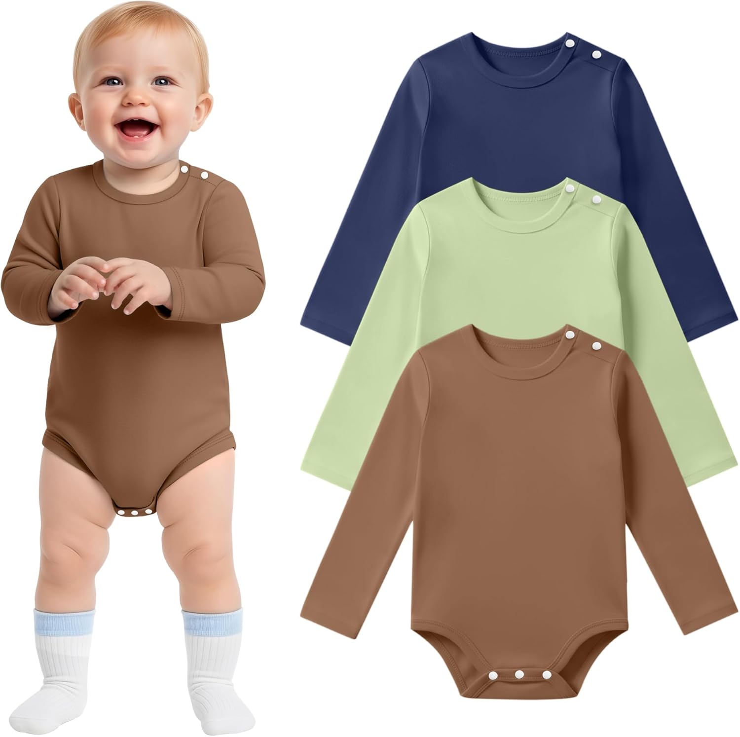 3 Pack Baby Long Sleeve Bodysuit for Toddler Boy & Girl Unisex Infant 0-24 Months