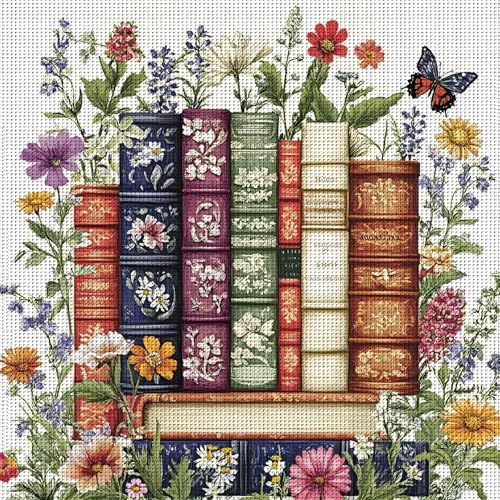 Image of KYOQFVN Flower Stamped Cross Stitch Kits - Book Counted Cross Stitch Kits for Beginners, Needlepoint Cross-Stitch Patterns Dimensions for Home Decor 14x14 Inch