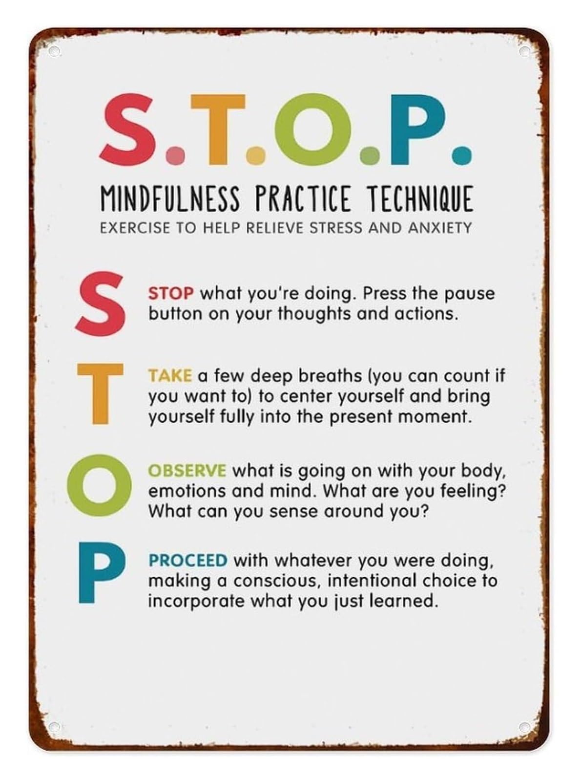 VWWJCCRO STOP Technique Pause Reflect Act Metal Sign Typography Print Decoration for Living Room Reading Nook Quiet Zone 8 X 12 inch