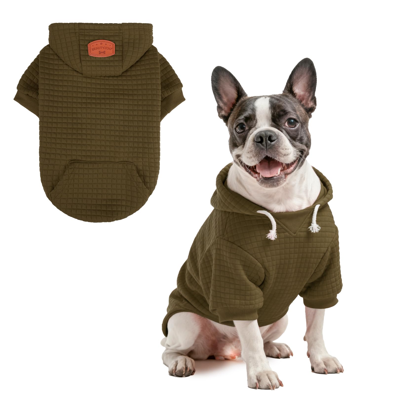 BEAUTYZOO Small Dog Hoodie Sweater with Pockets, Dog Clothes for Small Medium Dogs Boy Girl, Waffle-Like Laminated Cotton Pet Coats with Hat and Leash Hole, Army Green M — image 1
