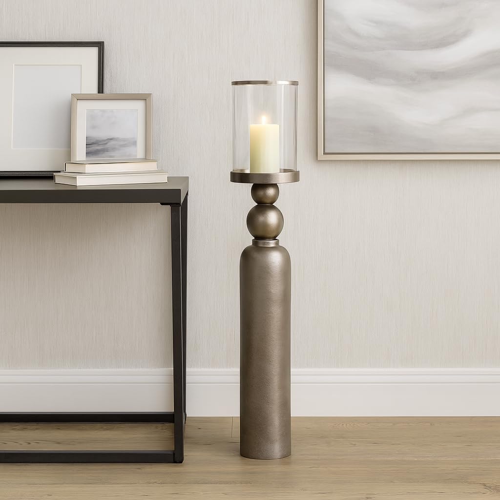 Modern Tall Glass Cylinder Candle Stand Holder - Elegant Pillar Candle Holder for Mantel, Console, or Dinning Table - Stylish Candlestick Holder for Table Centerpiece or Home Decor - 41", Silver