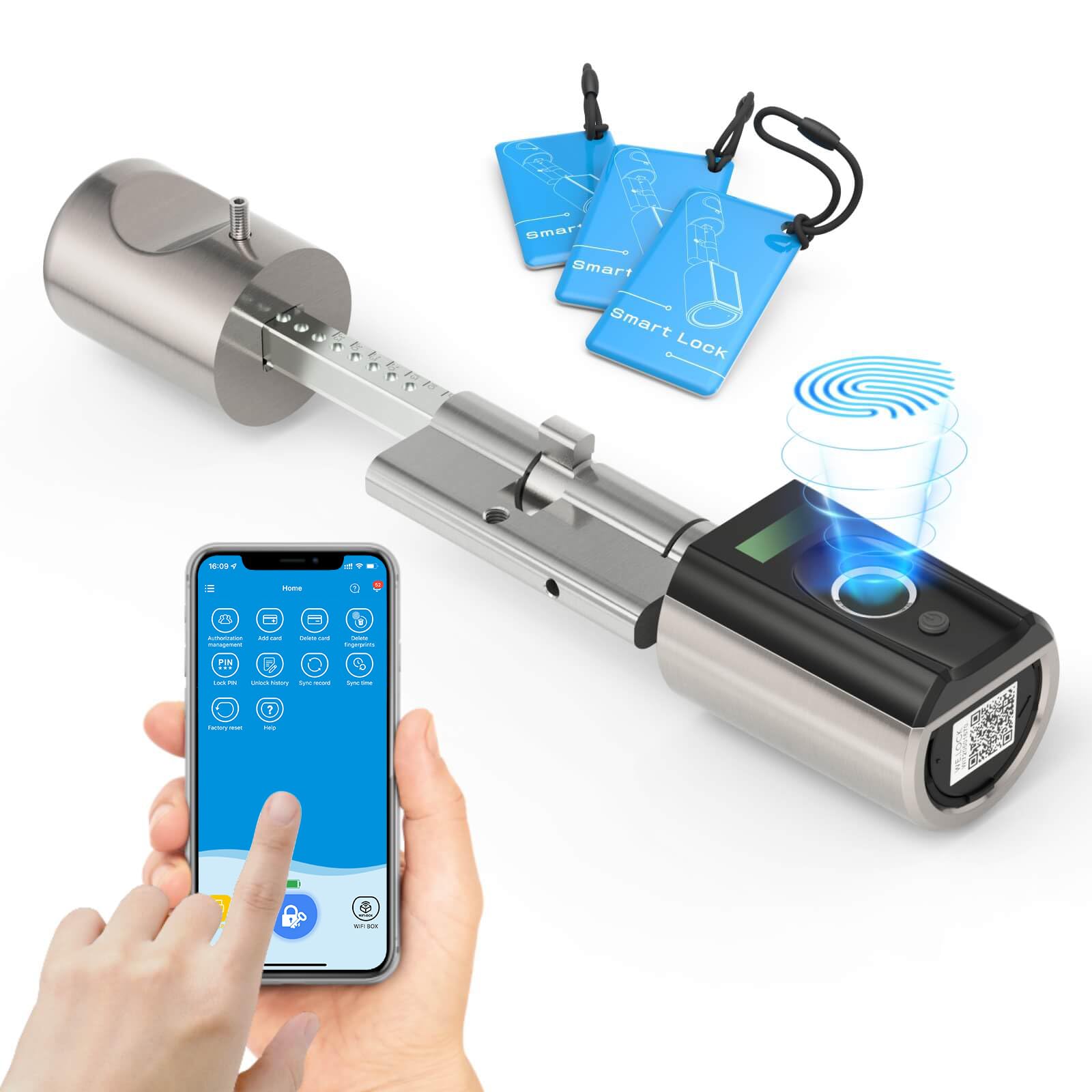 RUILON Serrure connectee porte entree - IP65 Serrure biometrique avec 3 cartes RFID, Cylindre empreinte digitale Longueur de cylindre 40x30 réglable pour des portes de 50-100 mm d'épaisseur TouchEBL41