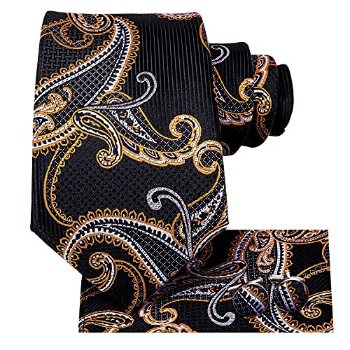 Image of Hi-Tie Paisley Floral Ties Set for Men Silk Mens Stripes Necktie Pocket Square Cufflinks Set Formal Business