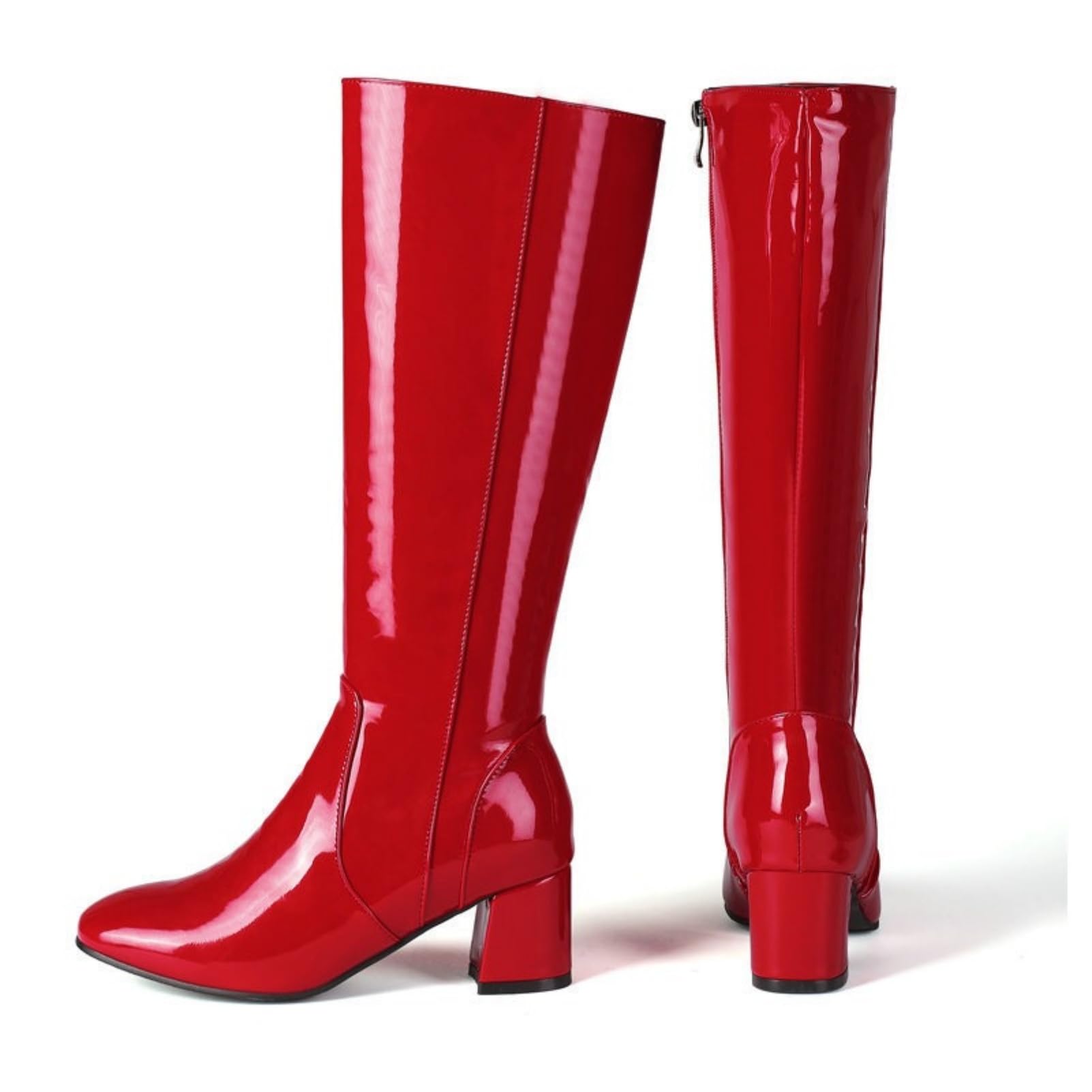 ANUFER Femmes Cuir Verni Haut du Genou Gogo Bottes Talon épais Fermeture éclair Latérale Disco Bottes