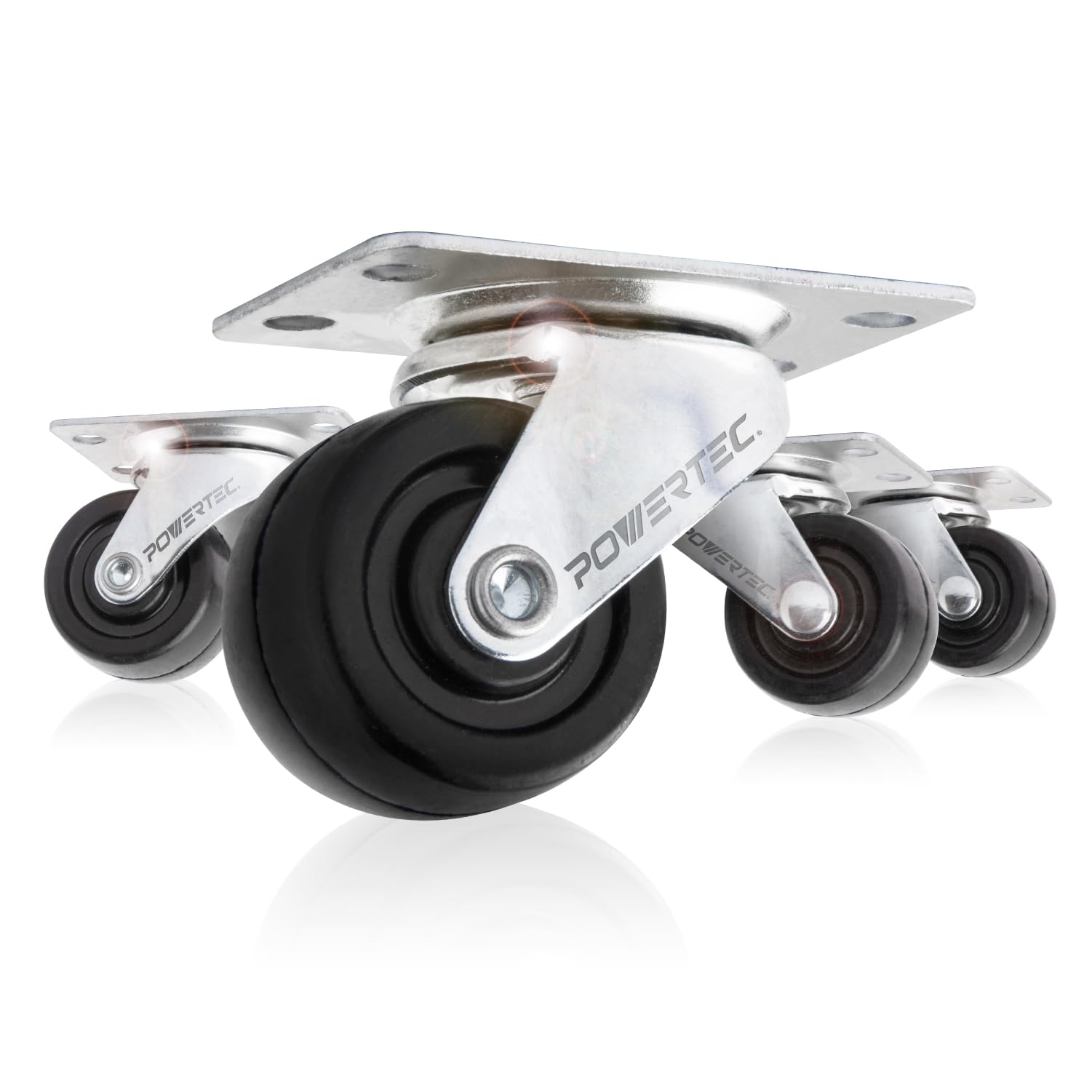 POWERTEC 1-1/2 Inch Swivel Caster Wheels Set of 4 with 160 lbs Loads, Heavy Duty Plate Casters, Rubber Castor Wheels for Furniture, Cart, Dolly and Workbenches (17209V)