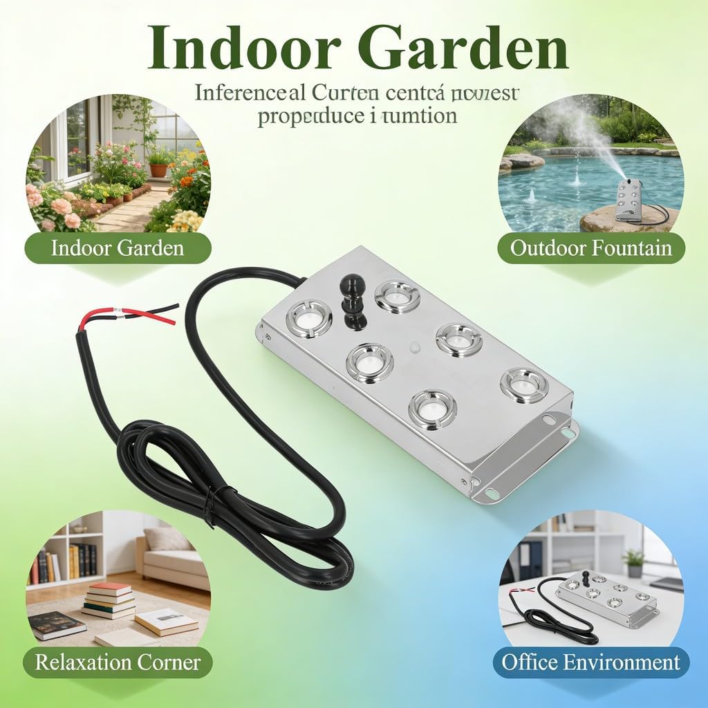 Ultrasonic Water Pond Fountain Fogger, Stainless Steel 6 Heads, 1.5m Cable, Quiet Mist Maker DC45-48V - Durable IP67, Efficient Atomization for Garden and Landscape