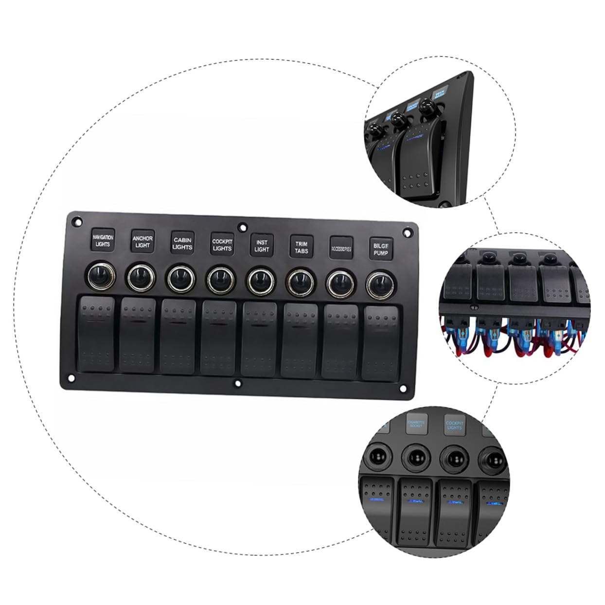 Panel de Interruptores de Barco 8 Posiciones, Control de 8 Aparatos, para Vehículos y Barcos, Panel de Mando 12v/24v