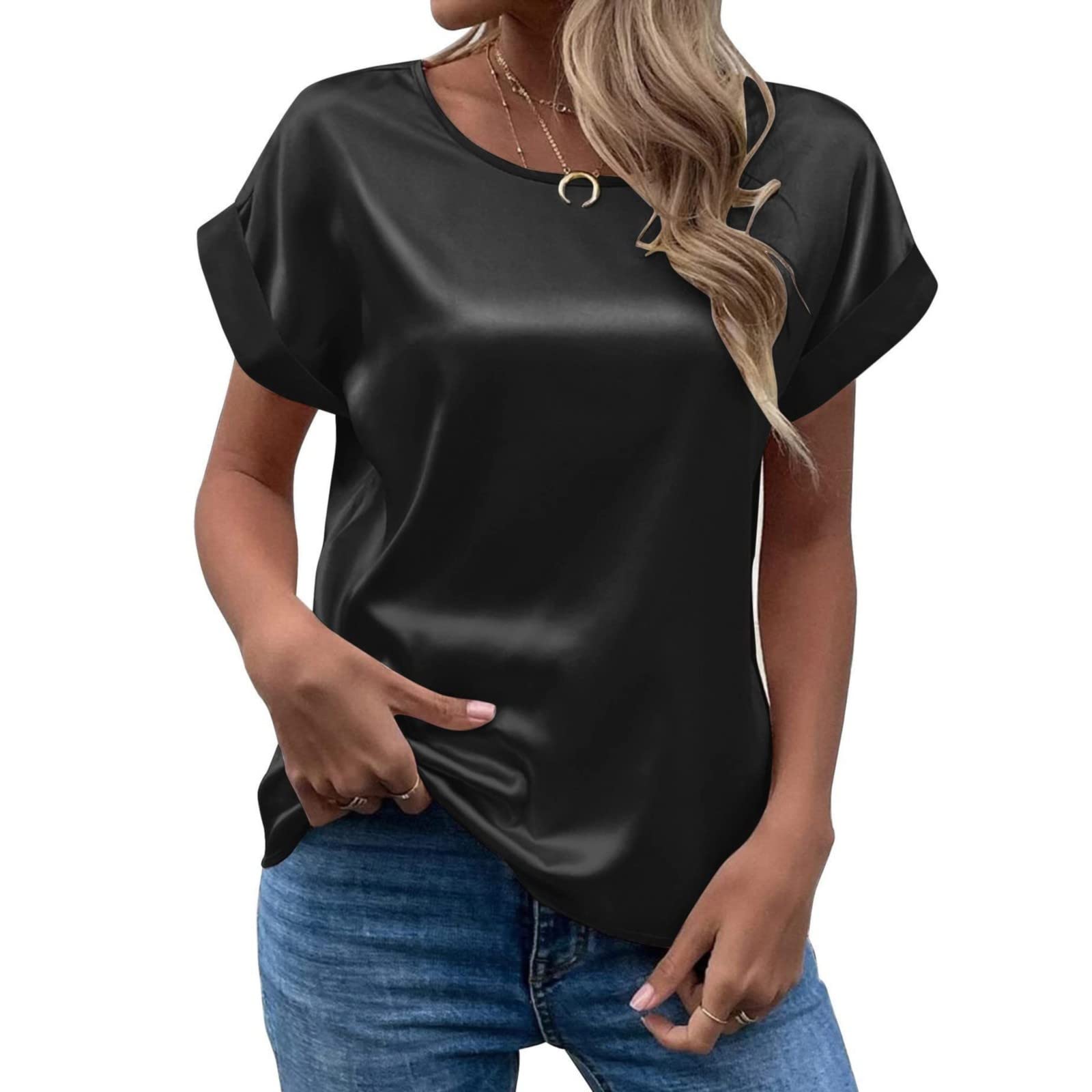 Women's Short Sleeve Satin Blouses Casual Loose Crewneck Silk Shirts Roll Up Sleeve Tunic Tops S-XXL(Black,XX-Large)