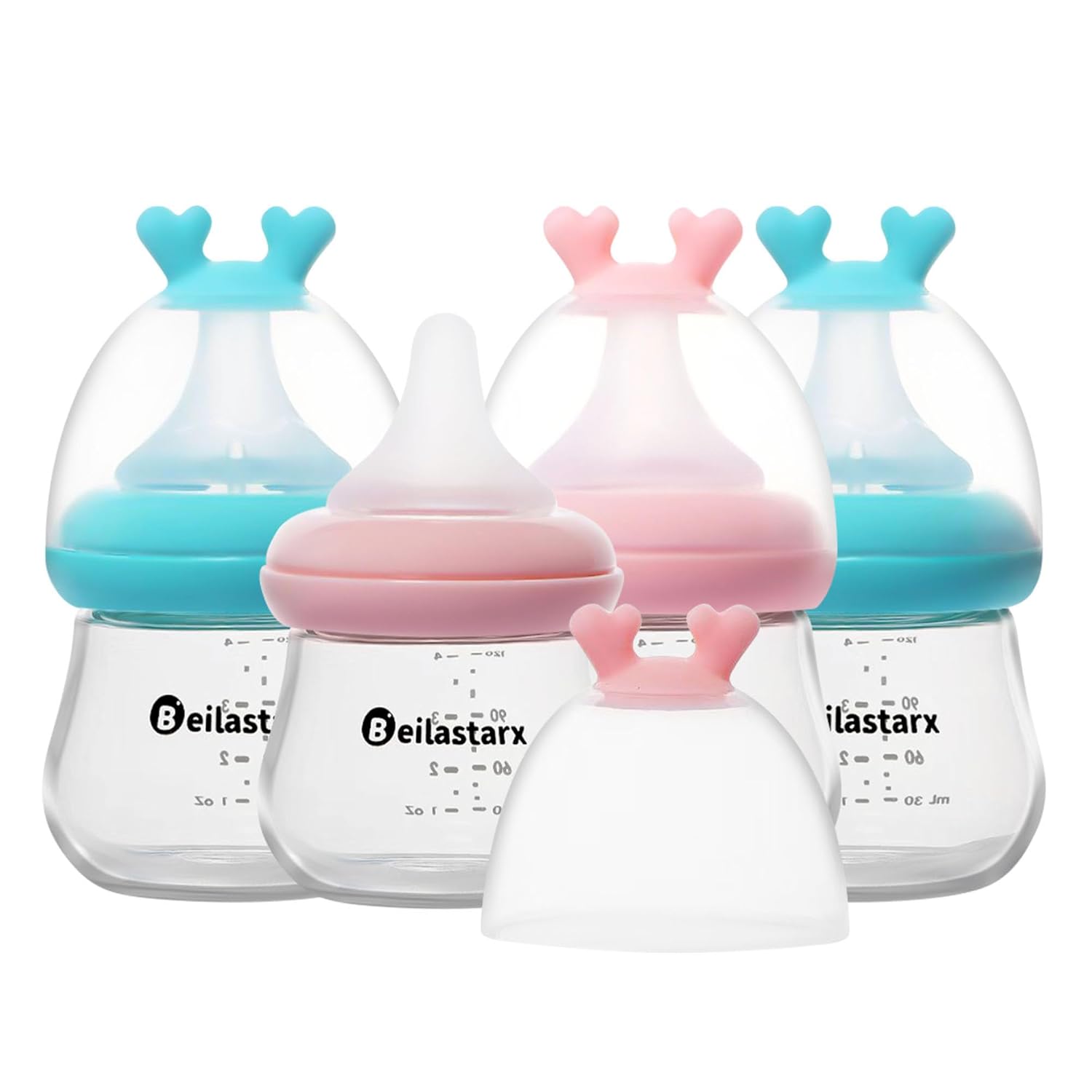 Glass Baby Bottles with Natural Response Nipple Size SS - Anti Colic Baby Bottles Wide Neck Slow Flow Baby Bottle (Multicolor, 4oz (Pack of 4))