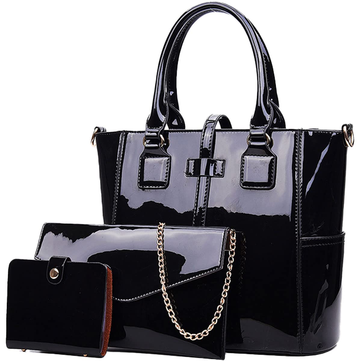 Donna Borse a tracolla Borse a mano pelle verniciata borsa madre Moda casual piccole Borse a spalla 3 pz Nero