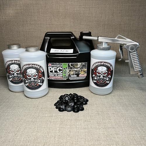 Gallon PFC Black, Standard Economy Undercoating Spray Gun, 3 White Quart Bottles, and 50 Rust Plugs