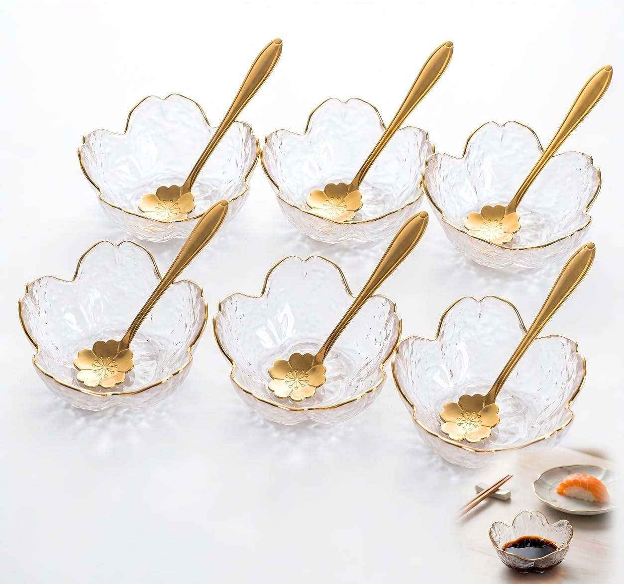 Photo 1 of PLINNILUY 6 Small Glass Prep Bowls, Clear Cherry Blossom, with Gold Spoons