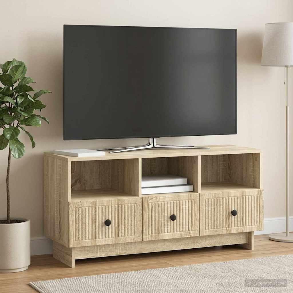 SYDE Mobile TV con cassetto, rovere Sonoma, 102 x 34,5 x 50 cm | Legno lavorato resistente, ampio stoccaggio, stile vintage moderno, facile da pulire