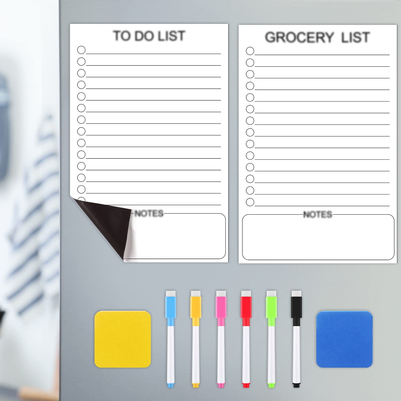 2 Pcs Magnetic Dry Erase List Board for Fridge Set 12"x8" Magnetic Grocery to Do List Pad Whiteboard Sheet for Refrigerator with 6 Markers 2 Dry Erase