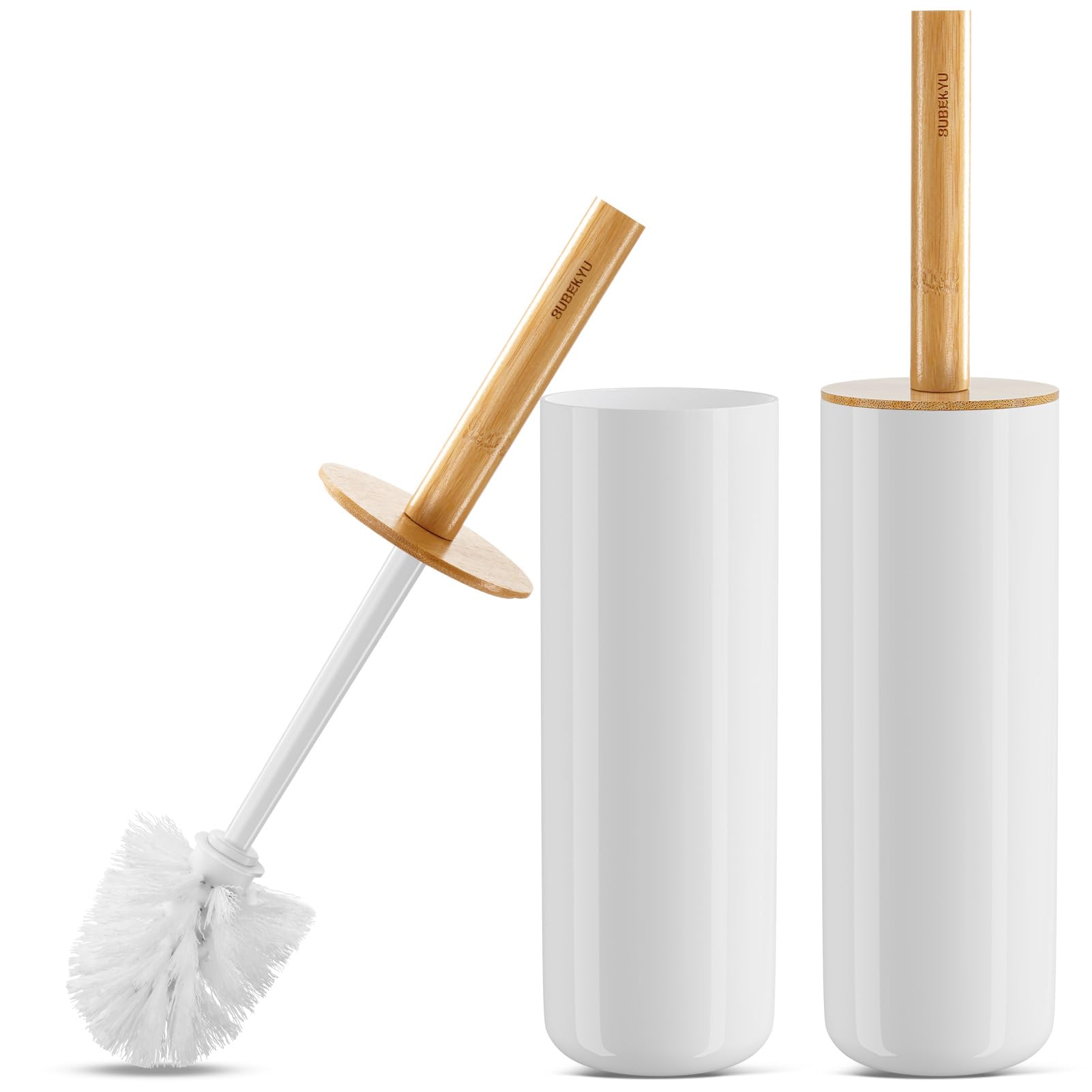 SUBEKYU Juego de cepillo de inodoro, cepillo y soporte, juego de cepillo para inodoro de baño, juego de cepillo para limpieza profunda, blanco, paquete de 2