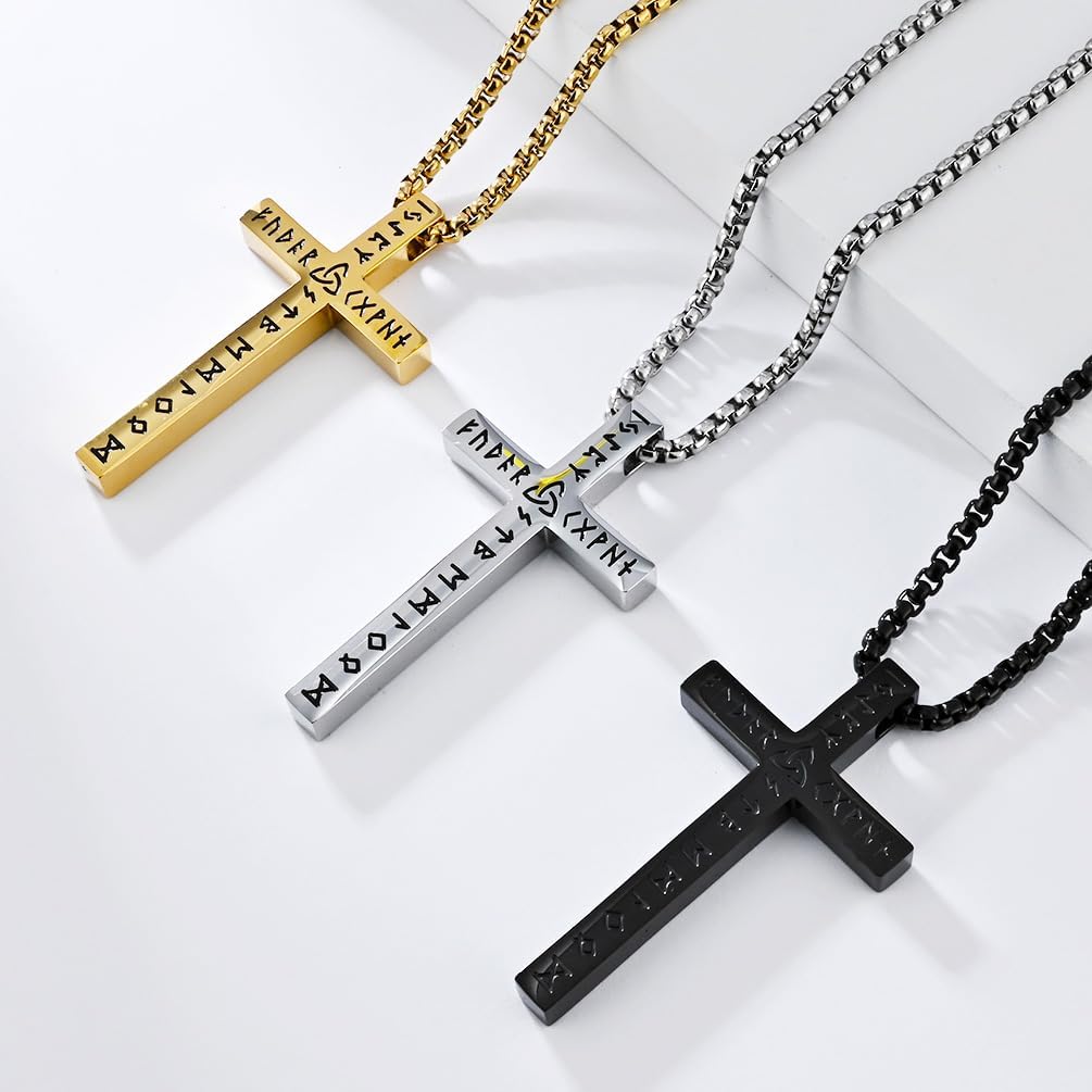Men Cross Necklace,Stainless Steel Silver/Gold/Black Viking Runes Norse Pendant Necklace Faithful Jewelry，60cm Rolo Chain