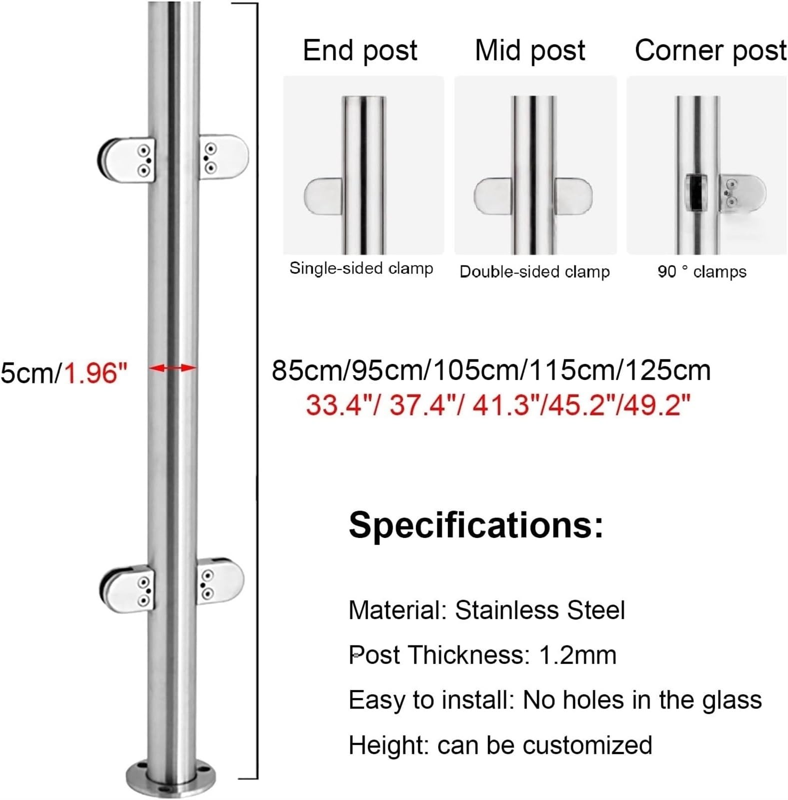 Palo da balcone in acciaio inossidabile 65105 cm Paletto terminale rotondo per scale esterne e balconi supporto ideale per ringhiere sicure (colore: dimensioni del montante: 85 cm)
