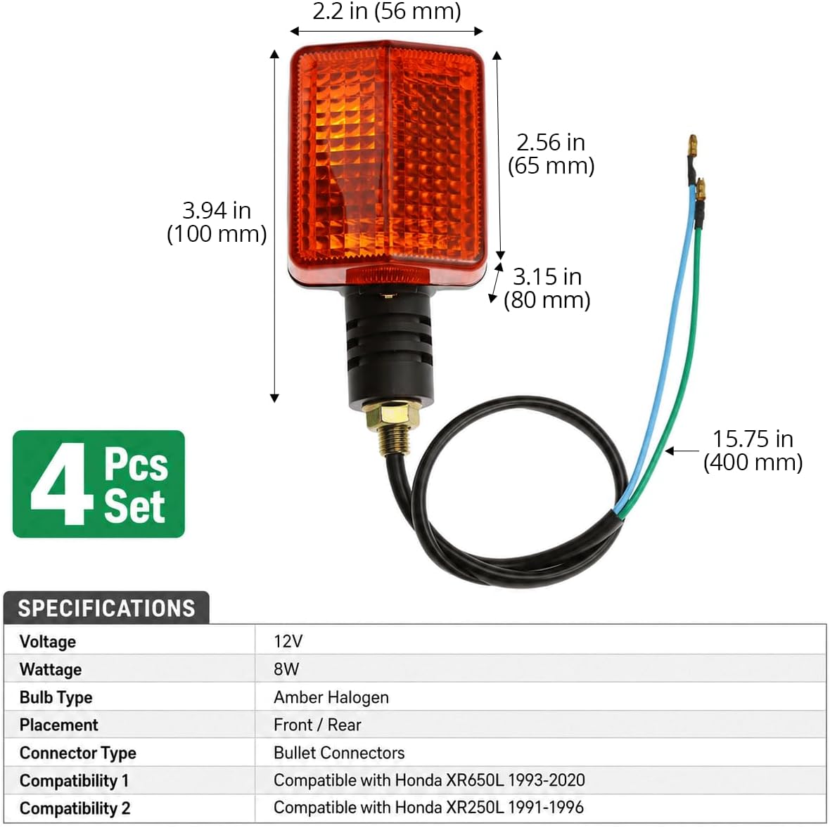 QWORK 2 Pairs Motorcycle Turn Signal Light Indicators 12V 8W Amber Halogen Blinker Replacement,Compatible with Honda XR650L 1993-2020 XR250L 1991-1996, Front Rear Motorbike Winker Lamp Set