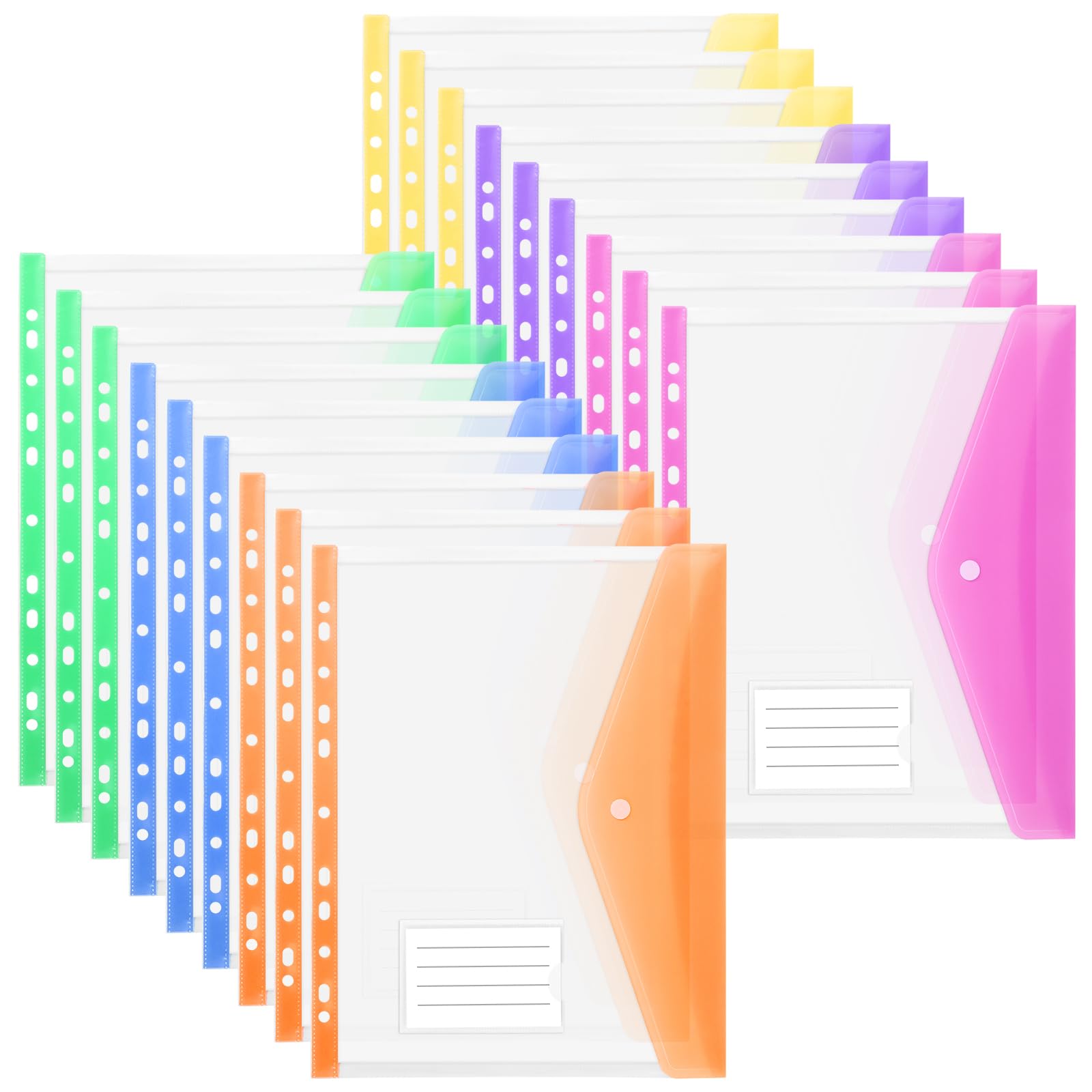 OFFCUP Plastic Wallets A4 Punched Pockets, 18 Pack Expandable Folders Document Files for 2/3/4 Ring Binder with Button & Label, 11 Holes Popper Wallets or School Office Home Travel