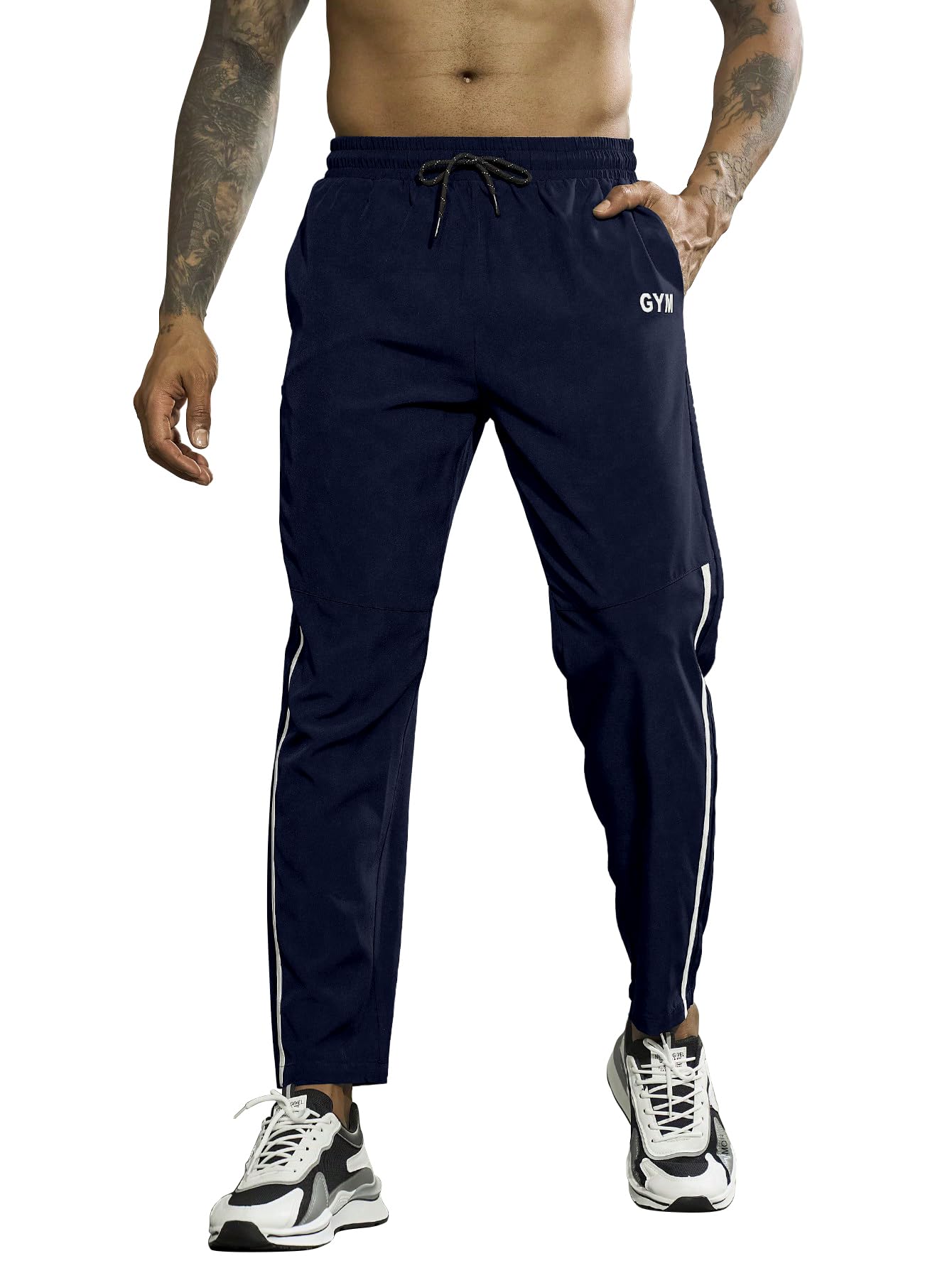 AVANOVA Men's Navy Blue Track Sports Pants – Slim Fit Drawstring Waist Running Trousers with Contrast Side Stripes, Sweat-Wicking Lightweight Workout Joggers for Gym & Outdoor (Track 41 Navy Blue-L)