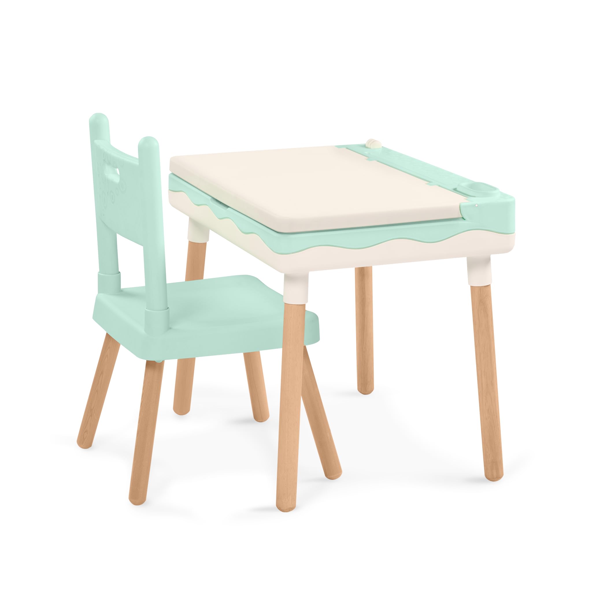 B. toys scrivania e sedia per bambini, con portamatite integrato | Con portamatite e gestione dei cavi integrata; 63,5 x 47 x 58,7 cm; Set da 10; verde menta e avorio; 3+ anni