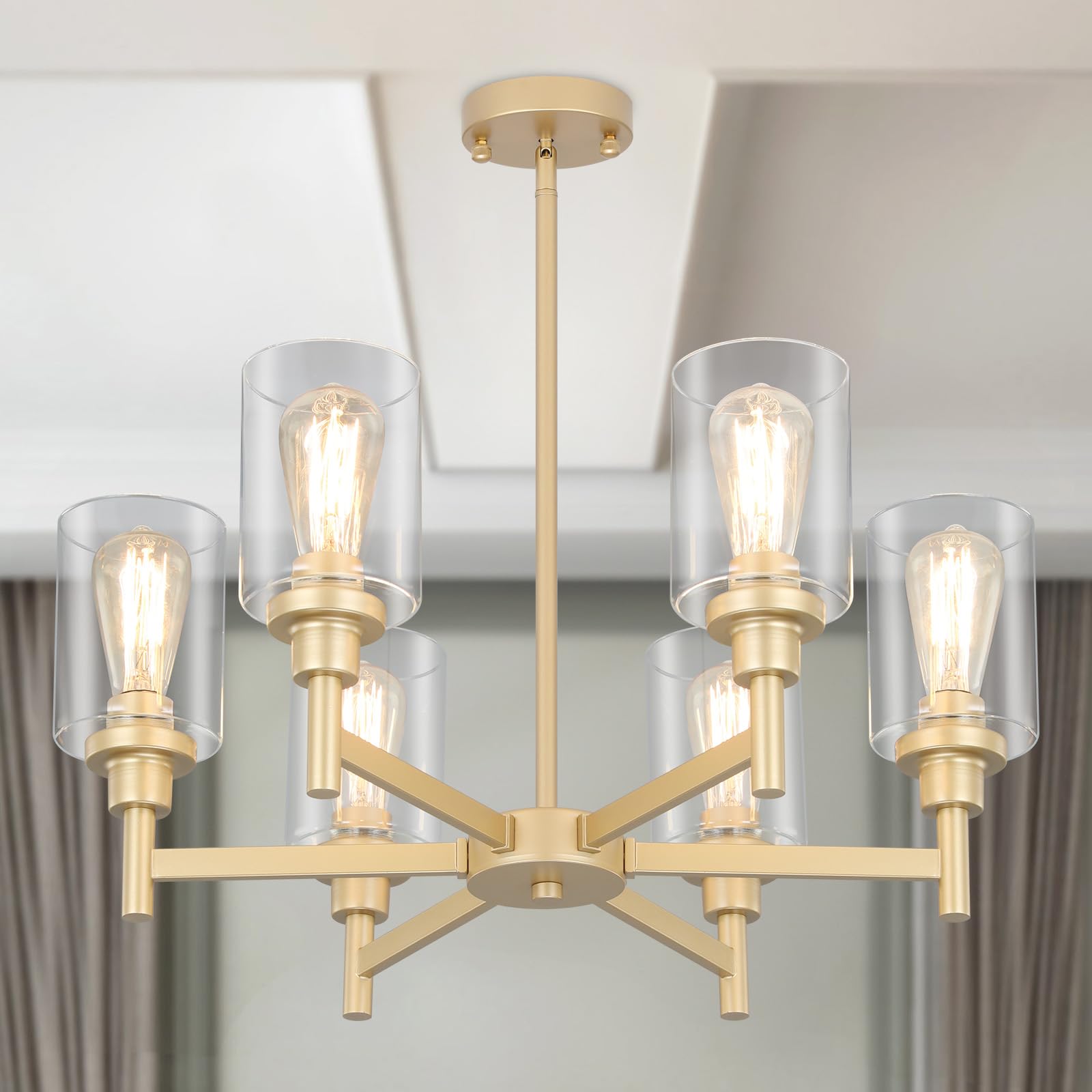 6 Light Gold Chandelier, Farmhouse Chandeliers for Dining Room Light Fixtures Over Table, Hanging Lighting Fixture with Clear Glass Shade for Kitchen Island Living Room Bedroom