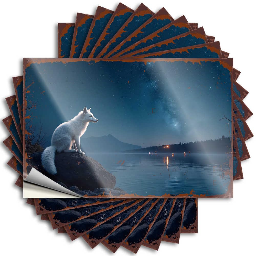 Tattoos Garage Scratch Resistant Decals, Retro Matte Print for Phone Case Christmas | Cottage Core Decorations Uv Proof Pack A Solitary Fox Gazing At The Starry Night Sky(8X12CM)