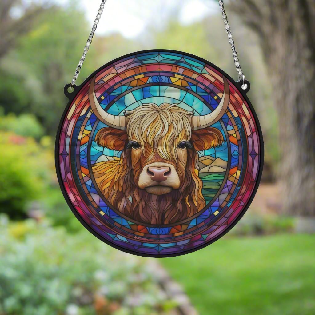 Highland Cow Stained Glass Effect Suncatcher - Garden Gift - Animal Lovers - Highland Lovers (19cm), Multicolored - Image 2