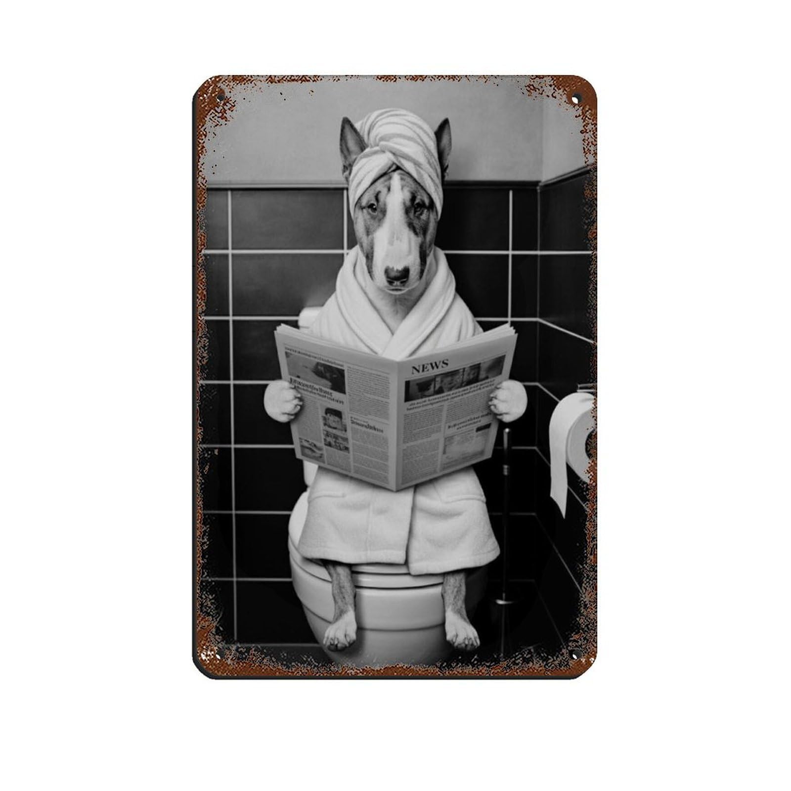 Bull Terrier Dog on Toilet Bathroom Art Retro Poster Metal Tin Sign Chic Art Retro Iron Painting Bar People Cave Cafe Family Garage Poster Wall Decoration 8x12inch(20x30cm)