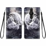 KARTXITAI Cover Compatibile con Sony Xperia PRO-I PU Pelle TPU Silicone Portafoglio Magnetica con Disegni Motivo Animale Flip Custodia in Libro Slot Schede Custodia-Luna lupo,nuvole,cielo,mare