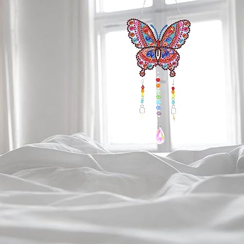 Miniatura 9 de Campanillas de viento de animales con pintura de diamantes 5D, kit de pintura de diamante de mariposa por números, colgante con cadena para