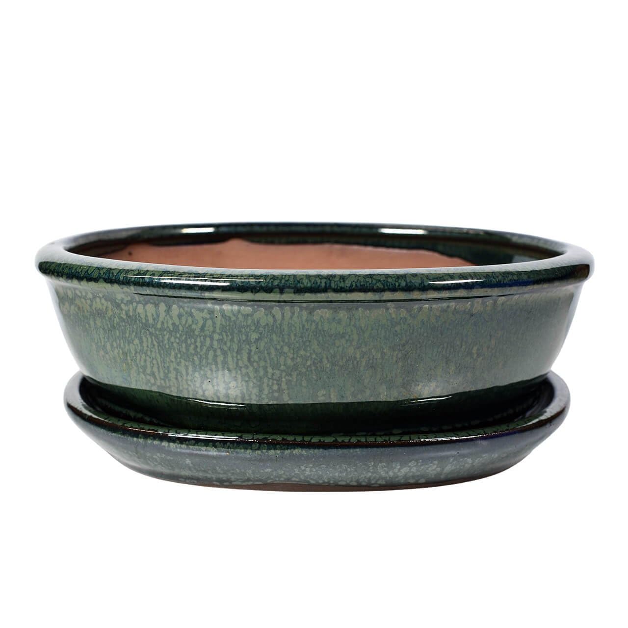 Ceramic Bonsai Pot - 185 x 145 x 60 - Green Oval Bonsai Tree Tray | With a Matching Drip Tray